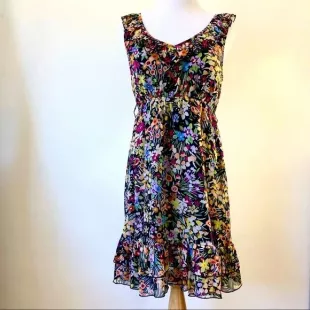 Black and Floral Flounce Midi Dress