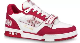 Louis Vuitton Red & White Strap LV Trainer Sneakers worn by Lil