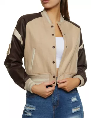 Faux Leather Sleeve Varsity Jacket