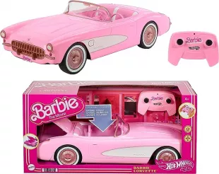 RC Barbie Corvette, Battery-Operated Remote-Control Toy Car from Barbie The Movie, Holds 2 Barbie Dolls, Trunk Opens for Storage