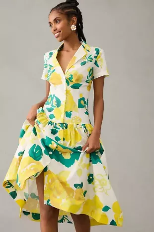 Tracy Reese - Short-Sleeve Flounce Dress in Yellow Motif by Plenty