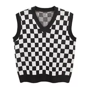 Women's V-Neck Knit Sweater Vest Oversized Sleeveless Loose 90s Waistcoat Pullover Checkerboard Plaid Sweater Vest Black S