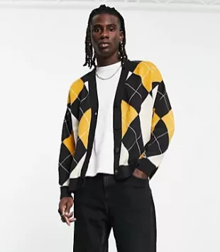 Argyle Cardigan in Yellow and Gray