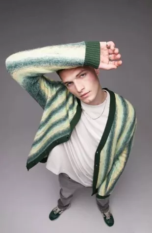Brushed Cardigan with Ombre Stripe in Green