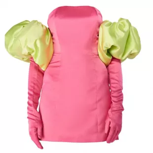 Hot Pink Cupid Satin Dress, Gloves & Green Puffs