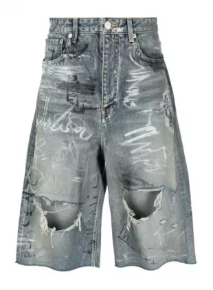 Blue Graffiti Print Denim Shorts