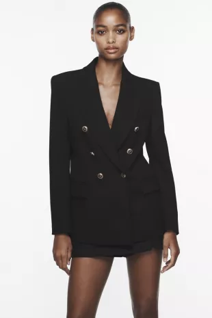 BLACK TAILORED BLAZER WITH GEOMETRIC PATCH POCKET DETAIL AND NEON PIPING