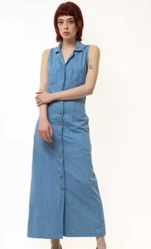 Blue Denim Casual Maxi Dress Button Front
