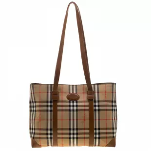 Beige/Brown Canvas and Leather Vintage Haymarket Check Tote Bag