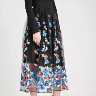 Jamie Floral Embroidered Tulle Midi Skirt