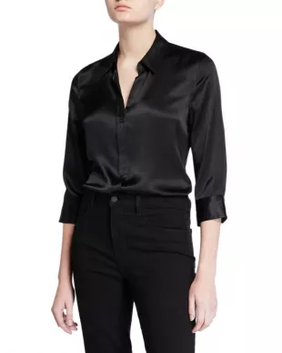 Dani Silk Satin 3/4-Sleeve Button-Down Blouse