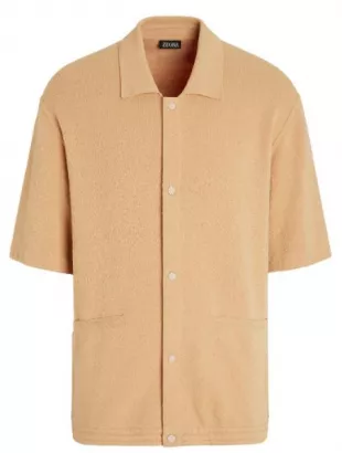 Beige Knit Full Button Polo