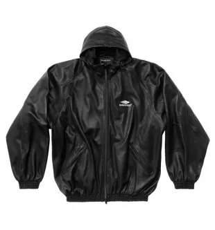 Black Leather 3B Sports Icon Hooded Jacket