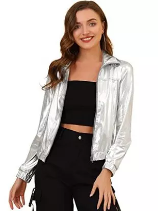Women's Holographic Shiny Party Long Sleeve Lightweight Zipper Metallic Jacket X-Large Silver
