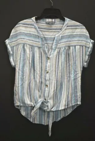 Stripe Cap Sleeve Tie Up Hem Linen Button Up Shirt