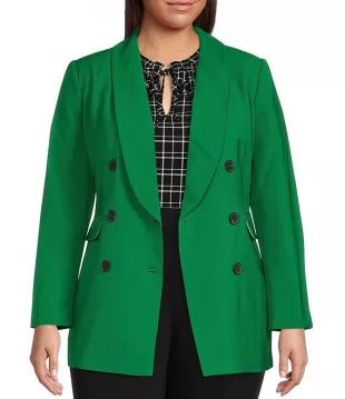 Plus Size Twill Double Breasted Shawl Collar Long Sleeve Blazer