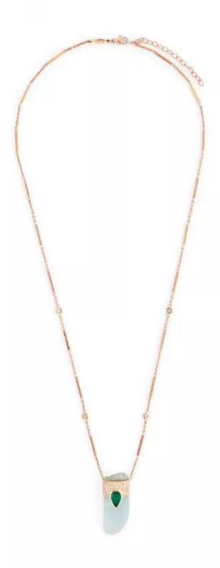 Yellow Gold, Diamond, Aquamarine and Emerald Teardrop Necklace