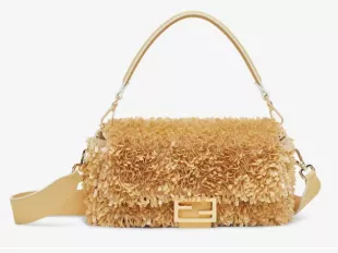 Baguette Sand-Colour Leather and Sequin Bag