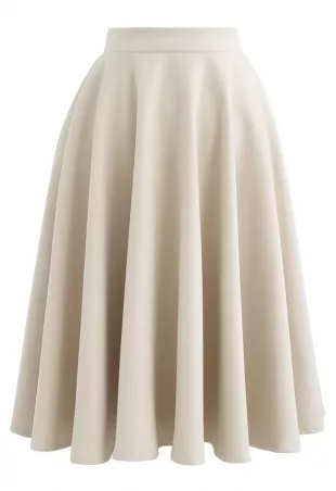 Chic Wish - High Waisted Wool-Blend Flare Skirt in Cream