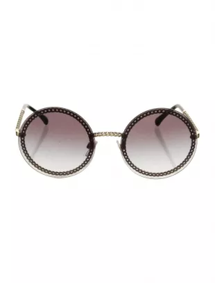 Chanel - Black Round Chain-Link Accented Sunglasses with Chain