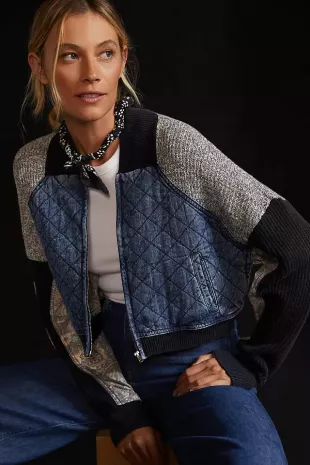 Patchwork Bomber Sweater Jacket In Blue