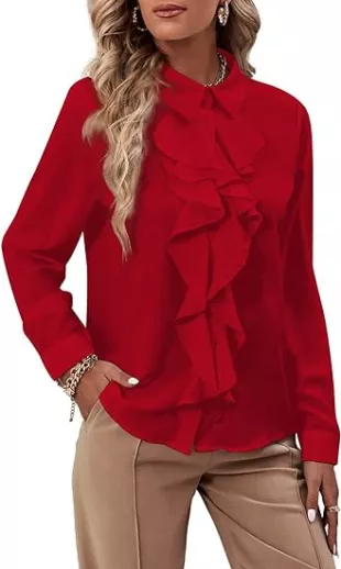 Collar Neck Button Down Ruffle Front Long Sleeve Blouse Shirt Top