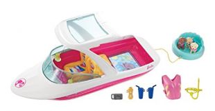 Barbie La Magie des Dauphins Hors-Bord rose et blanc, bateau pour poupées, figurines de chiots et accessoires, jouet pour enfant, FBD82