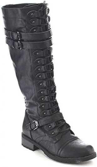 Wild Diva Women's Fashion Timberly-65 Military Knee High Combat Boots Shoes Black Pu 9