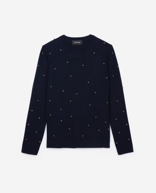 Pull laine et cachemire bleu marine perles