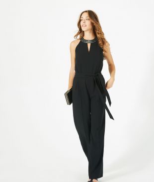 Combinaison noire col ornée de cristaux swarovski