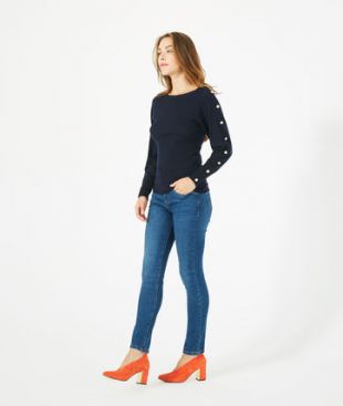 Pull bleu marine en laine manches fantaisies