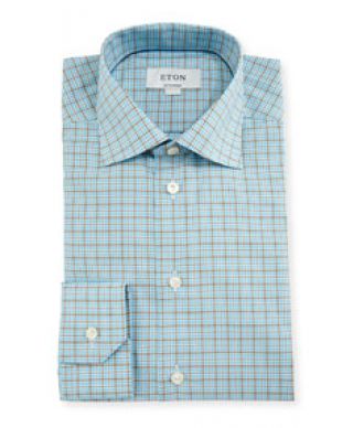 Eton Contemporary Fit Check Dress Shirt, Aqua/Brown