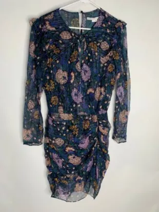 Peppa Floral Long Sleeve Silk Dress Metallic Chiffon