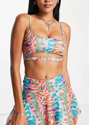 Warp check Printed Cut Out Bikini Top