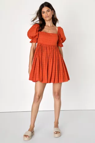A Day in Paris Orange Square Neck Puff Sleeve Babydoll Dress