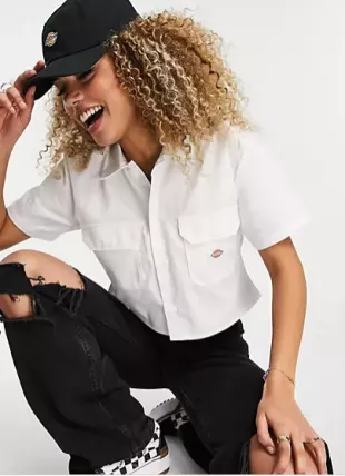 Dickies R2C SS Twill Crop Work Shirt White worn by Emma Meyer