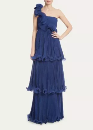 Pleated Ruffle Tiered One-Shoulder Gown