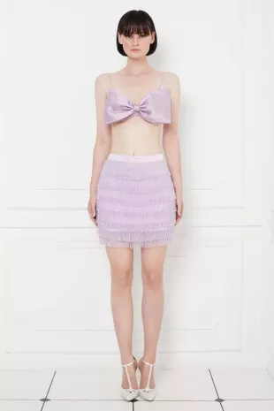 Ariana Big Bow Crystal Fringe Silk Satin Bralette in Lilac