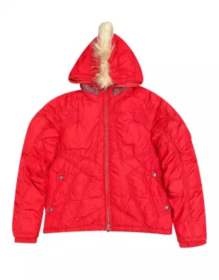 Marithe Francois Girbaud Red Fur Mohawk Hood Down Jacket worn by