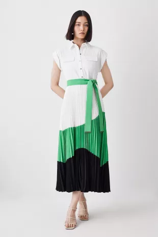 Color Block Pleated Woven Midi Shirt Dress