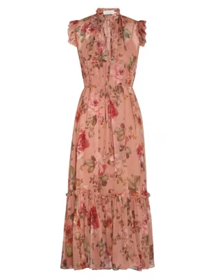 knee length dresses for ladies Zimmermann Primrose Puff Sleeve Midi Dress Brown/Pink Polka Dot Linen   Celebrity Owned
