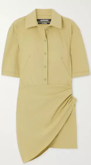 Cutout Draped Stretch Twill Mini Shirt Dress