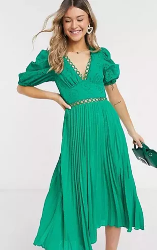 Asos - Broderie Pleated Midi Dress with Puff Sleeve