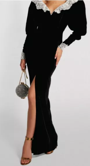 Rich Black Lace-Embellished Velvet Gown