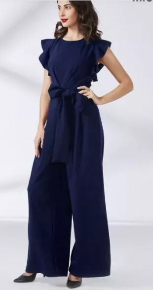 Miusol Ruffle Trim Belted Wide Leg Jumpsuit