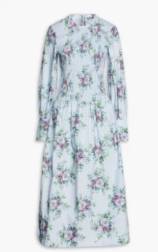 Shirred Floral-Print Organic Cotton-Poplin Midi Dress