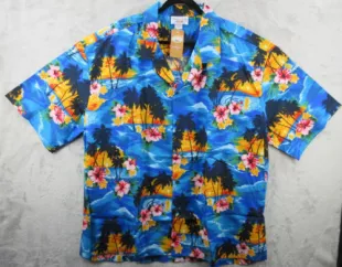 Blue Hawaiian Shirt Sunset Palm Tree Beach Camp