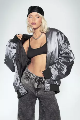 Kourtney Kardashian Barker Oversized Reversible Bomber Jacket