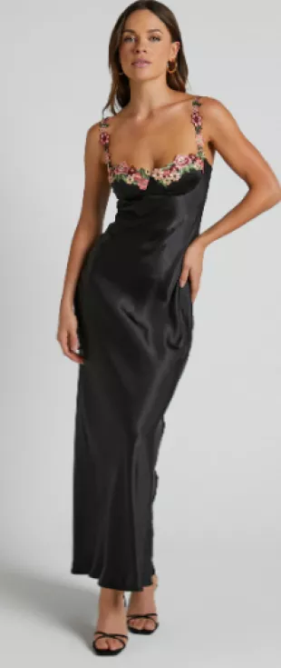 showpo - Harmony Midaxi Dress - Floral Detail Cup Bust Satin Dress in Black
