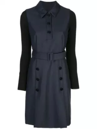 Button Detail Belted Dress In Blue